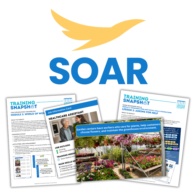 SOAR Curriculum materials including job cards, training snapshots, and visual learning tools